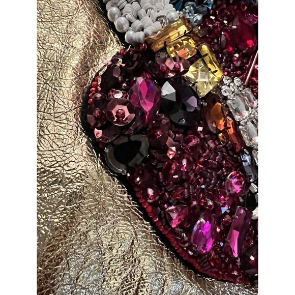 Marc Jacobs Fox Fur Leather Jacket Gold Sequin Lips disco retro M 6 - Picture 8 of 11